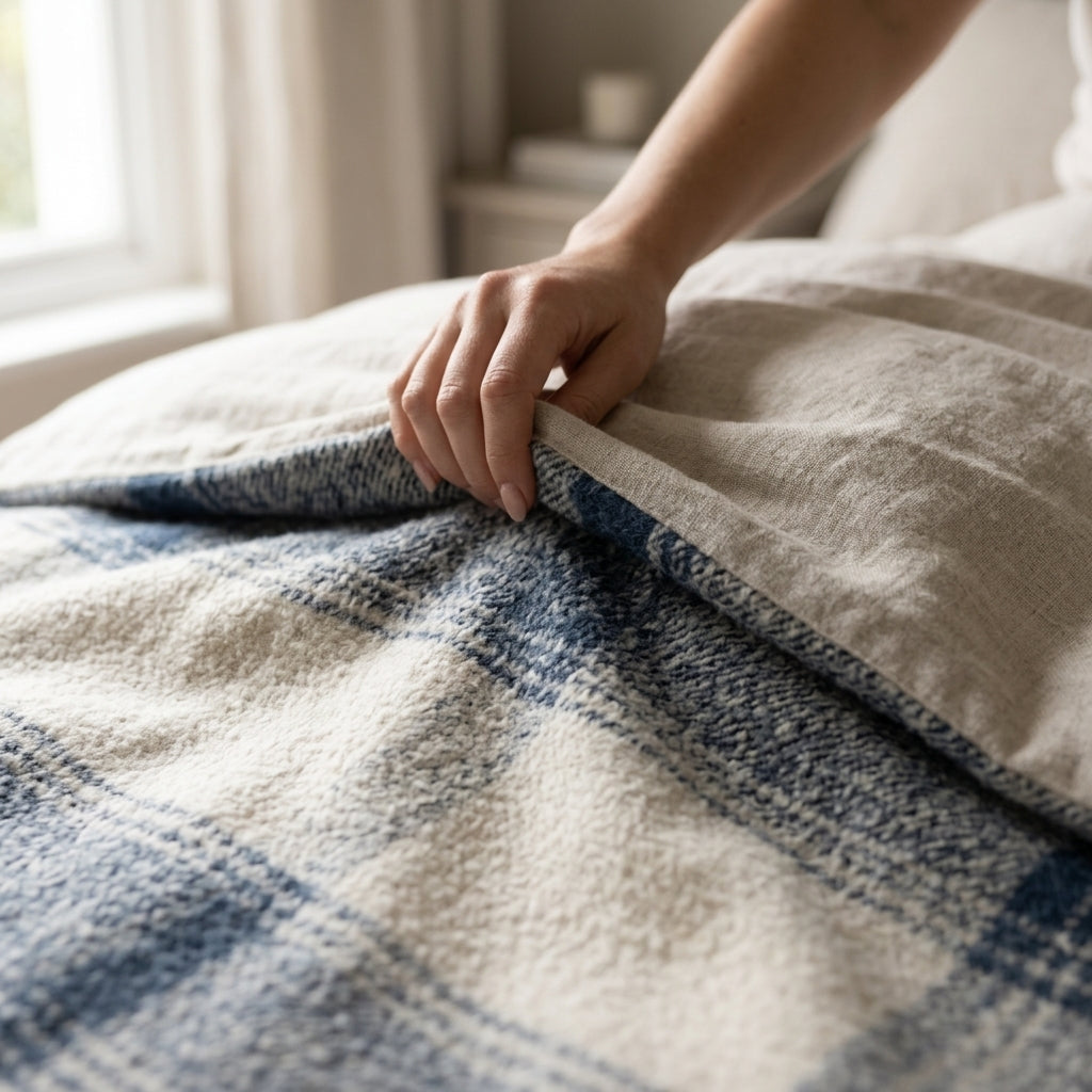 Bedding for cold sleepers: brushed flannelette duvet cover in cream and navy in morning light