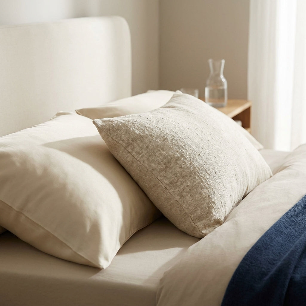Bamboo pillow with a smooth cover next to a linen-covered pillow in morning light