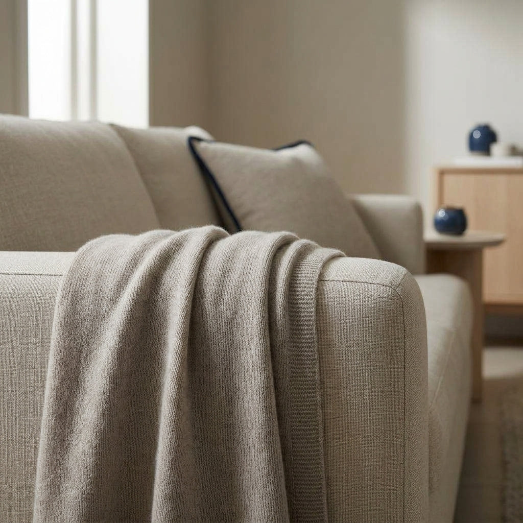 Cashmere throw blanket draped over a sofa, compared with wool and cotton materials