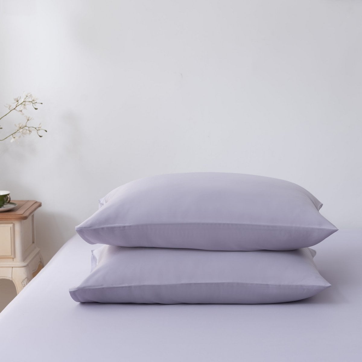 Pair of Lavender Mist bamboo pillowcases laid flat