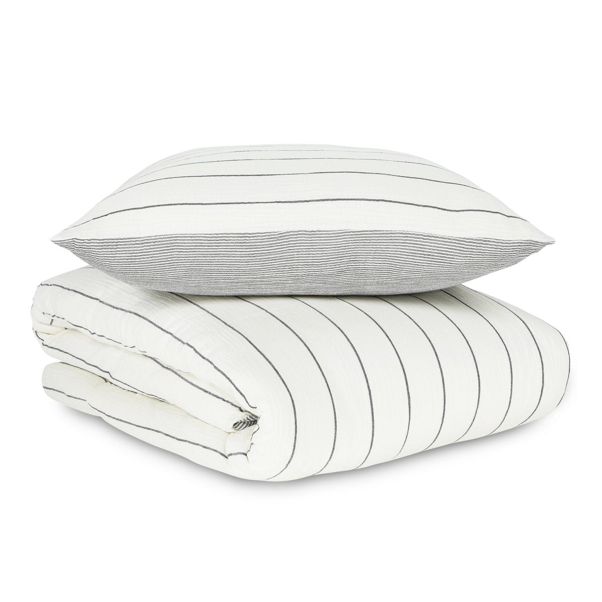 Folded white and grey pinstriped cotton muslin duvet cover with matching pillowcase on a white background