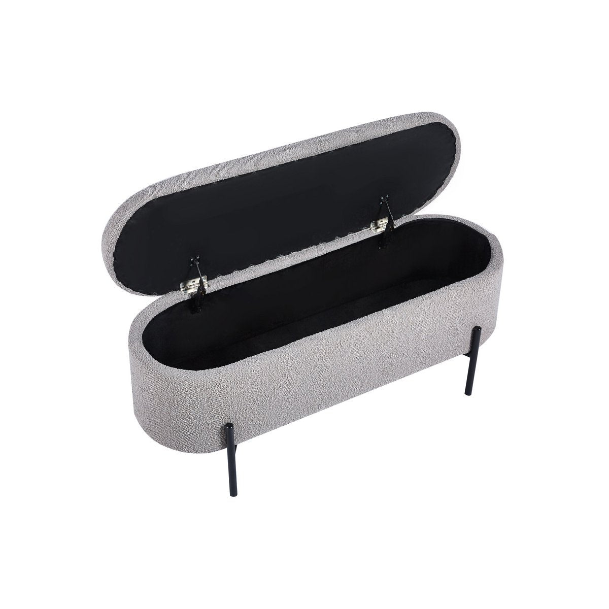 Banc de lit avec rangement en bouclé taupe avec couvercle ouvert, vue en biais
