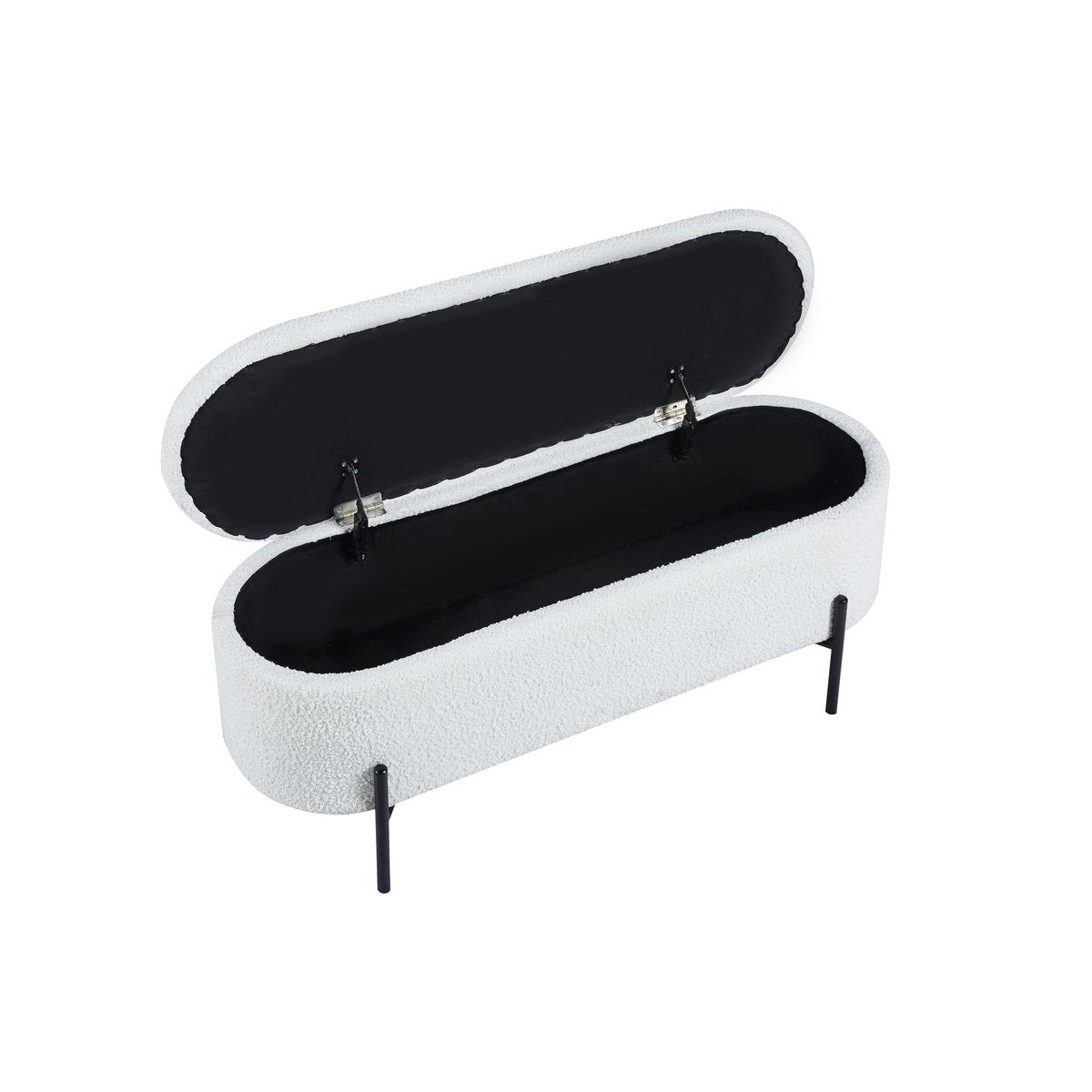 Banc de lit avec rangement en bouclé blanc avec couvercle ouvert, vue en biais