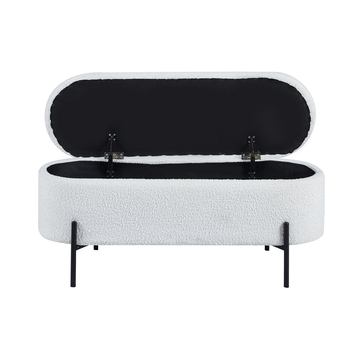 Banc de lit avec rangement en bouclé blanc avec couvercle ouvert, montrant l'espace de rangement