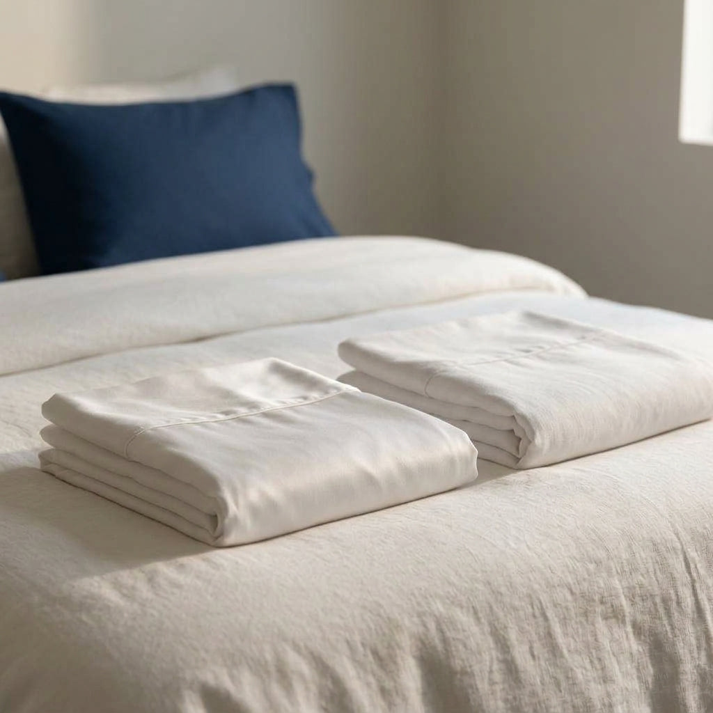 Bamboo bedding compared to lyocell bedding on a made bed