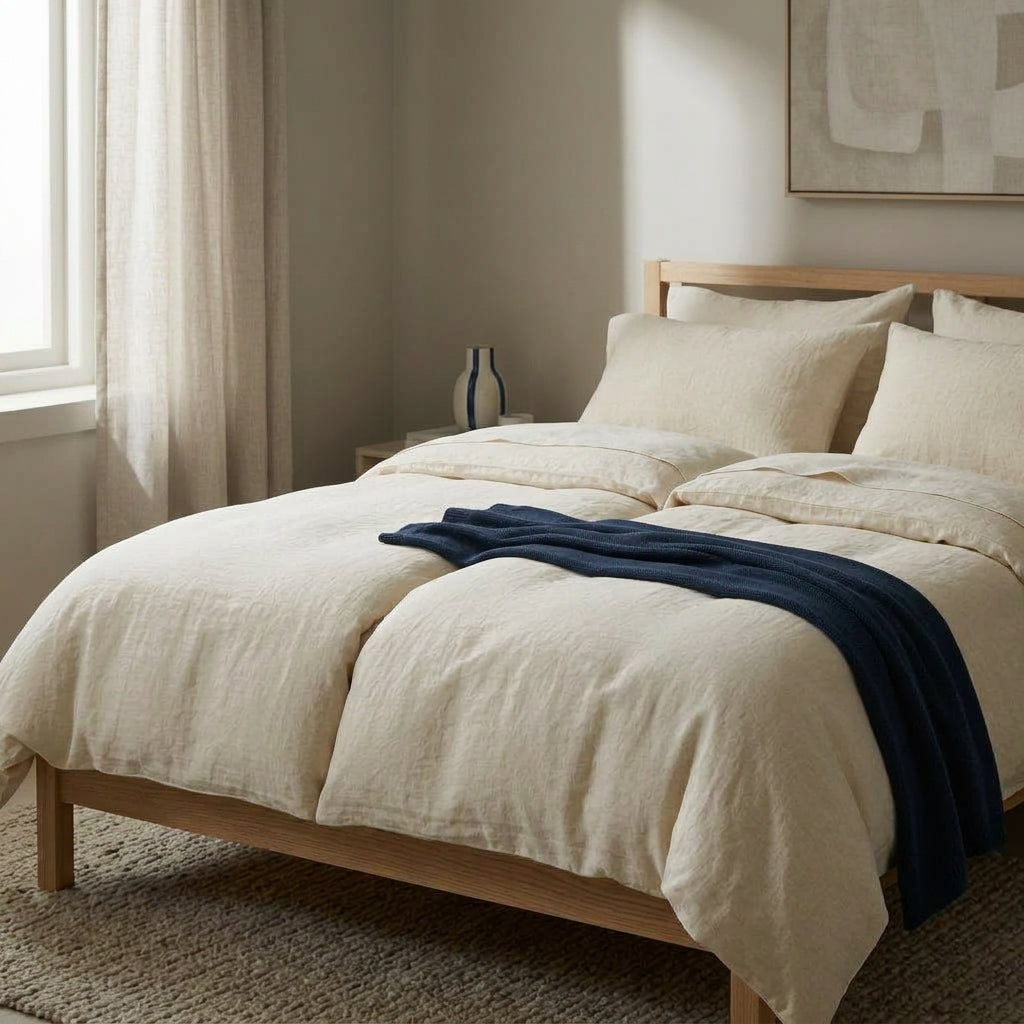 Duvet size chart in practice: two 135x200 cm duvets on a 180x200 cm double bed