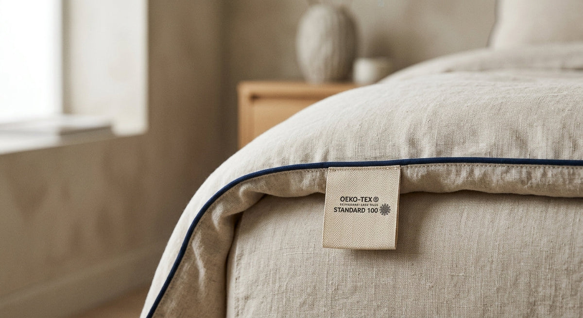 OEKO-TEX certificate label on bedding, close-up with linen texture
