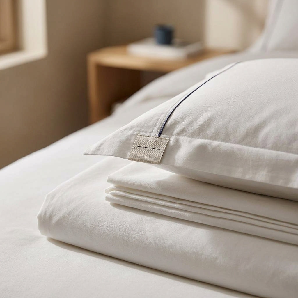 Oeko-Tex certified cotton percale bedding with sewn-in care label