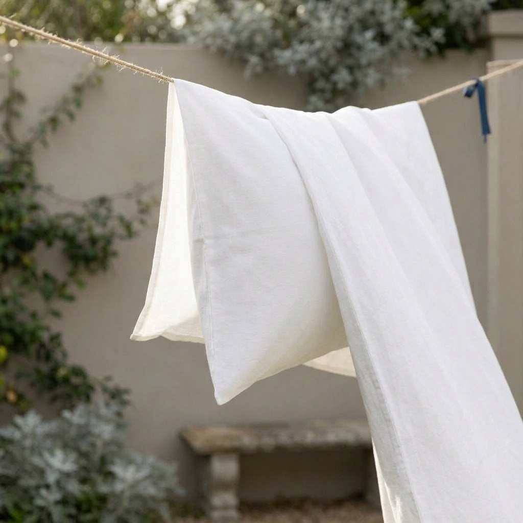 White cotton percale bedding drying on a line in natural light