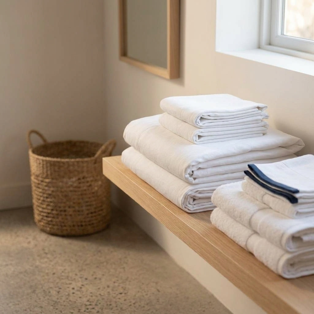 Folded white bedding stacked neatly, cared for like professional hotel housekeeping