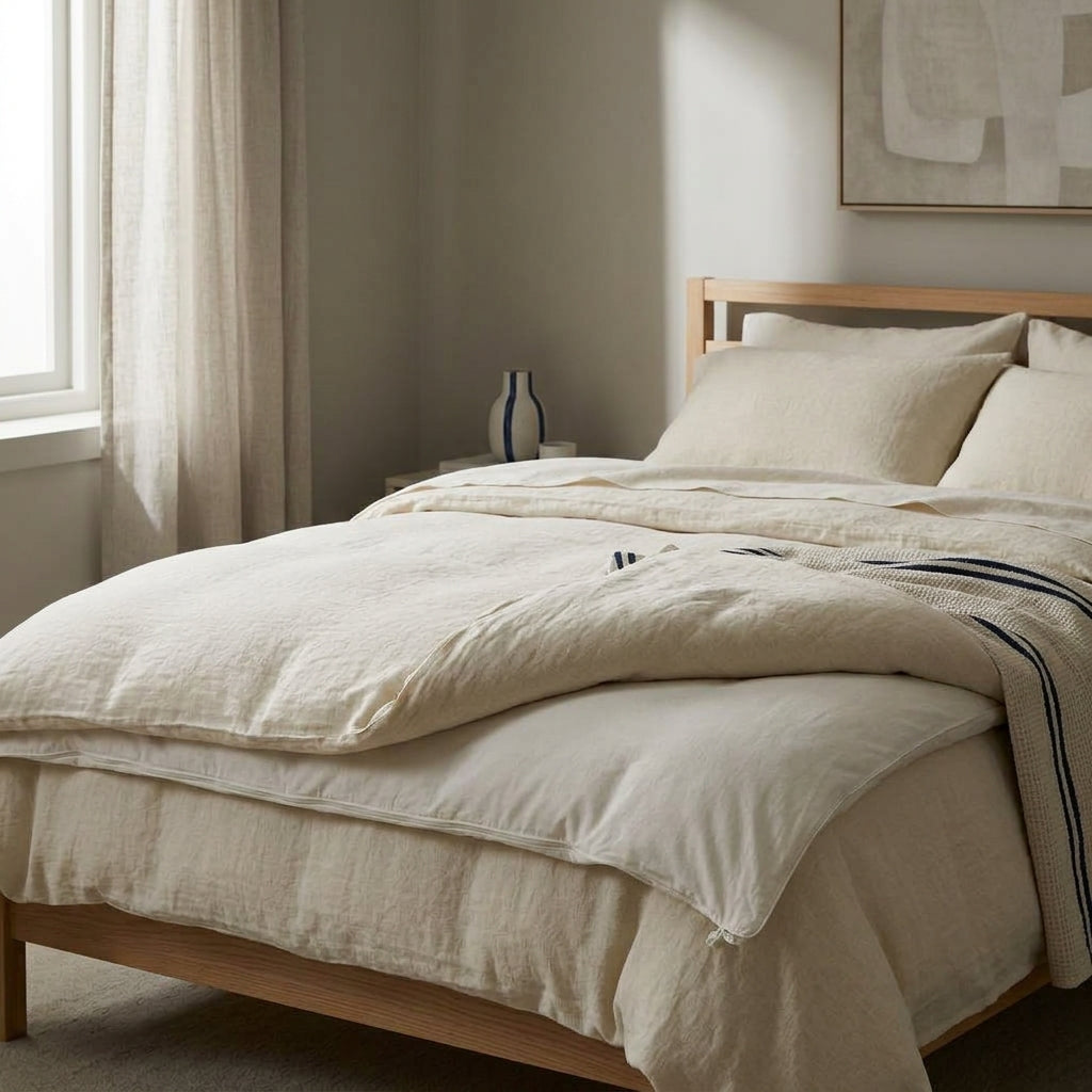 Two stacked duvets illustrate the layering principle for winter
