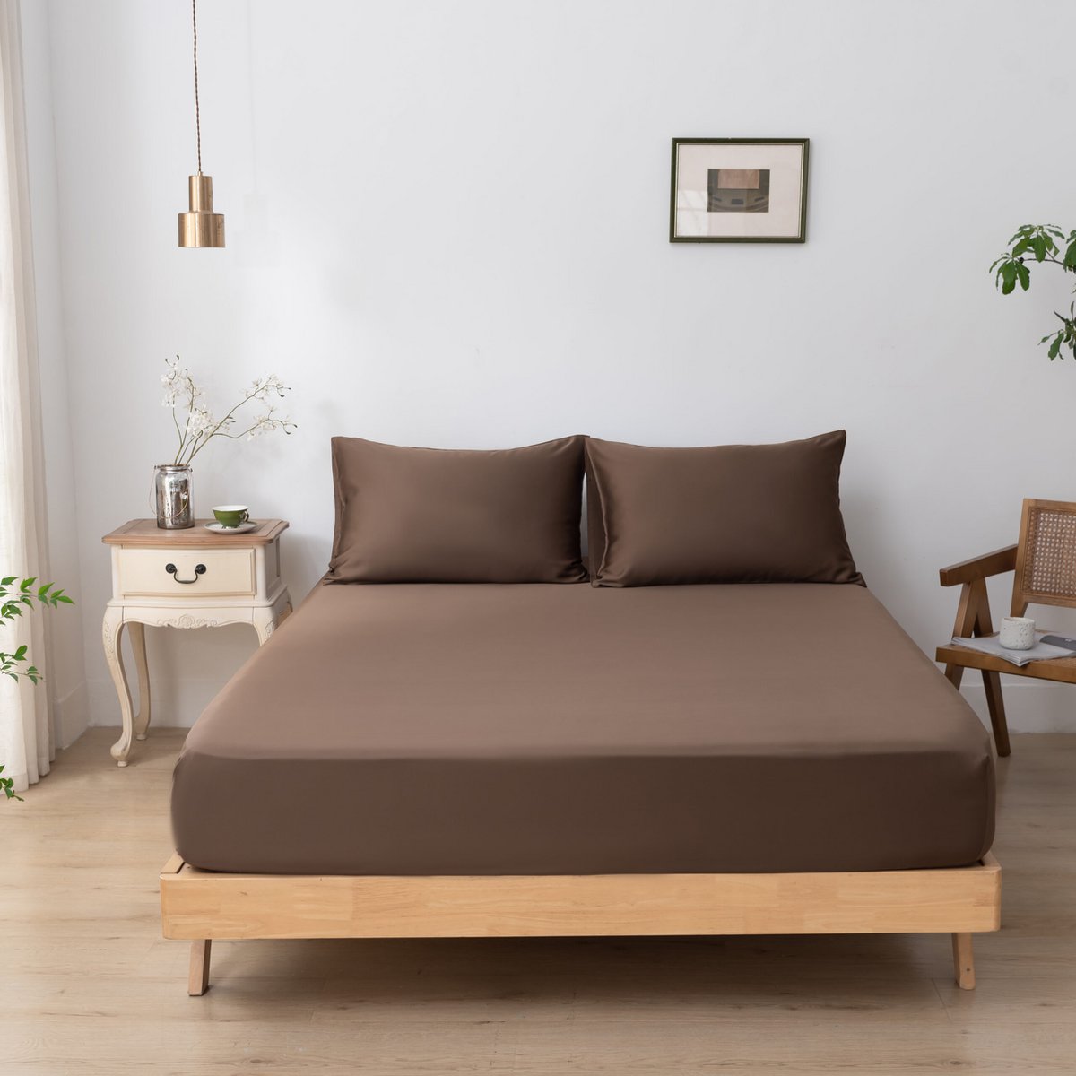 Coffee Brown bamboo bedding set on a fully made bed