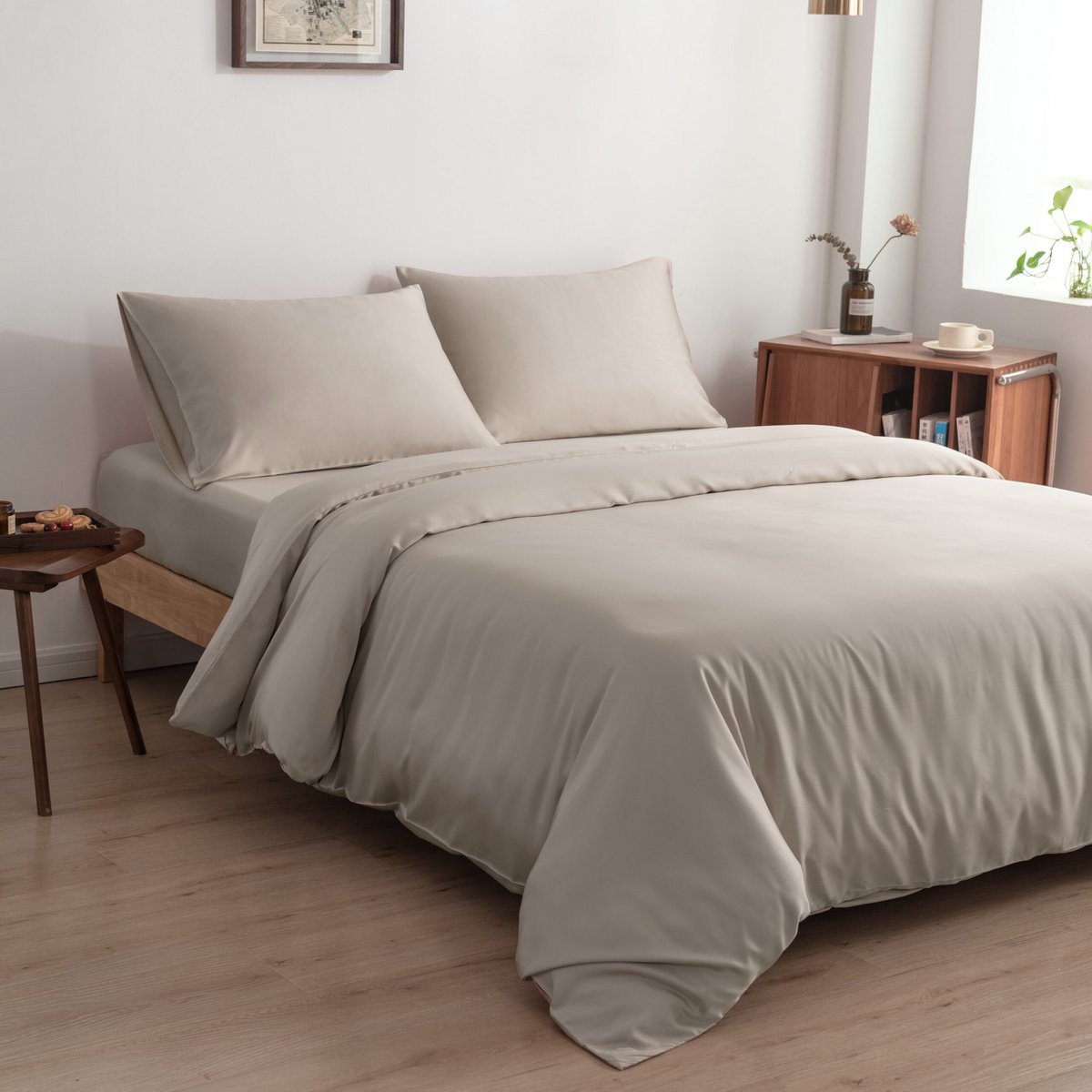 Soft Taupe bamboo bedding set styled on a made bed
