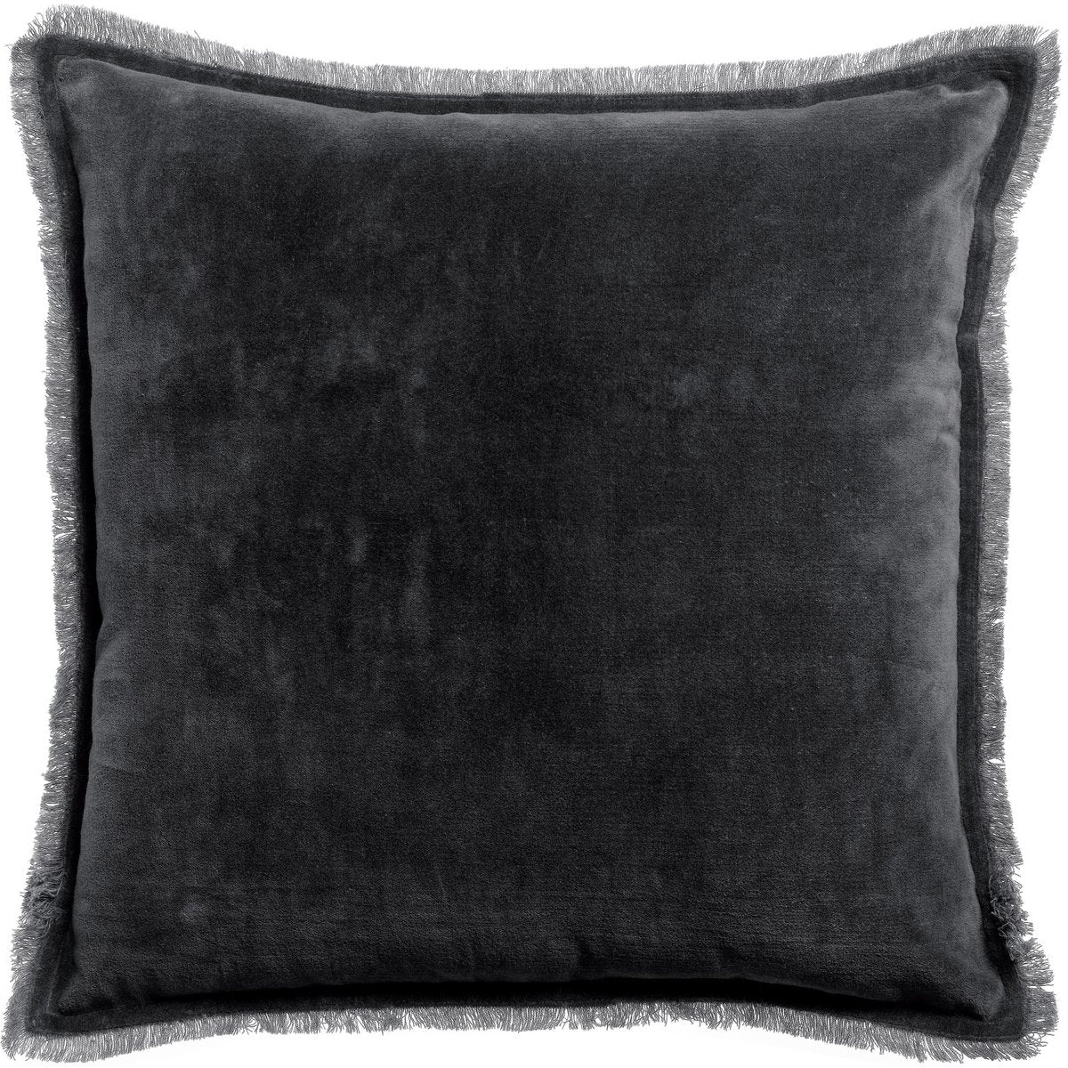 Fara-sierkussen van katoenfluweel in de kleur Caviar, een diep antracietzwart, met een rand met franjes, 45×45 cm