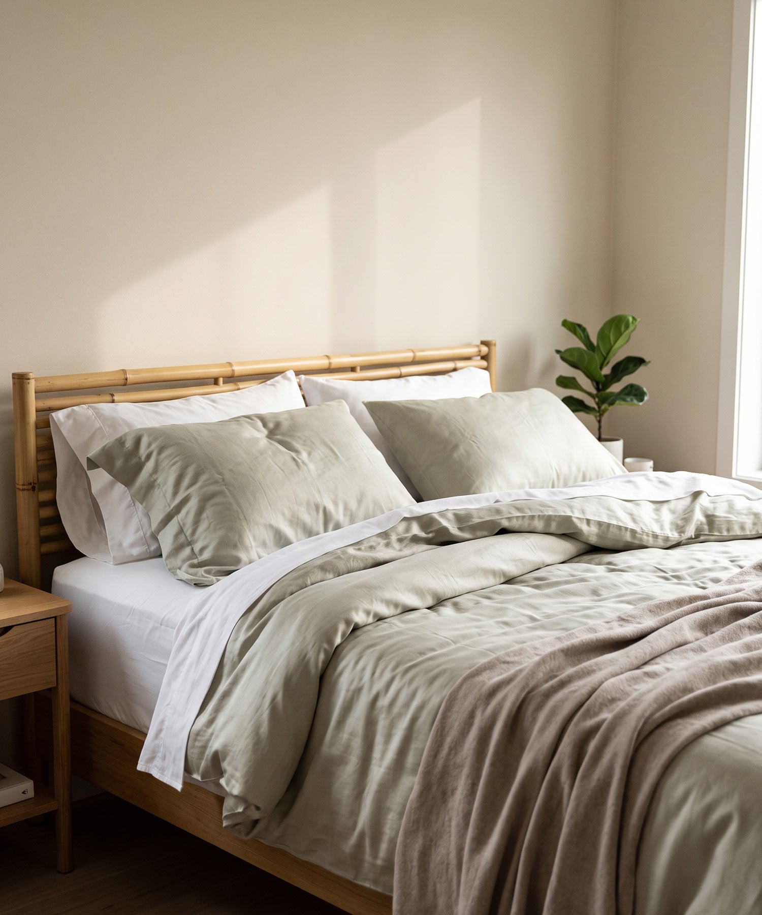Chambre baignée de lumière avec cadre de lit en bambou et linge de lit en bambou blanc et doux