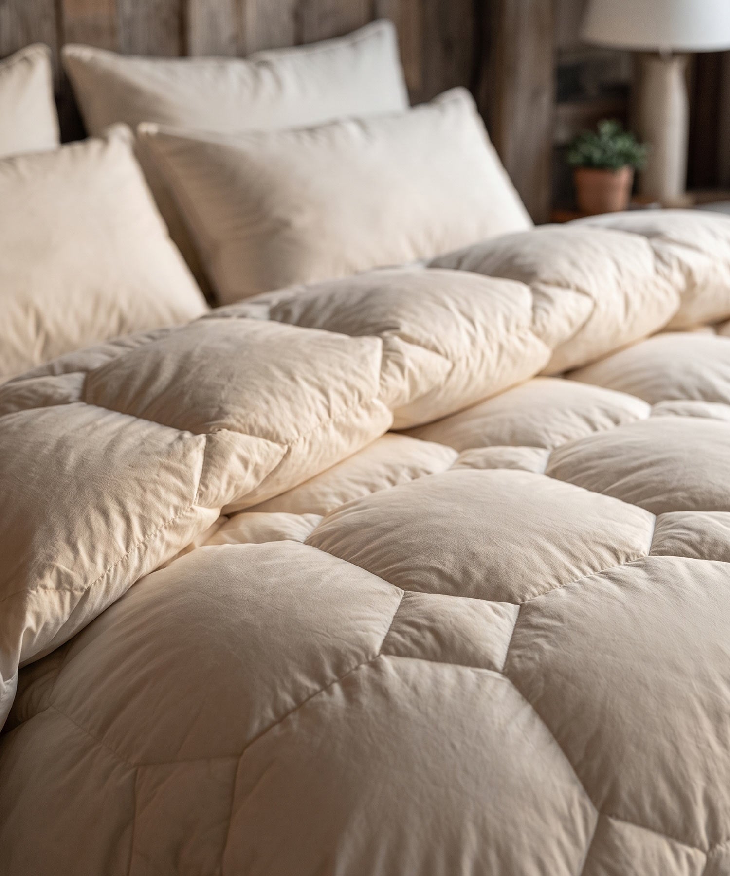 Gros plan sur une couette en duvet moelleuse et matelassée avec des oreillers dans des tons crème chauds