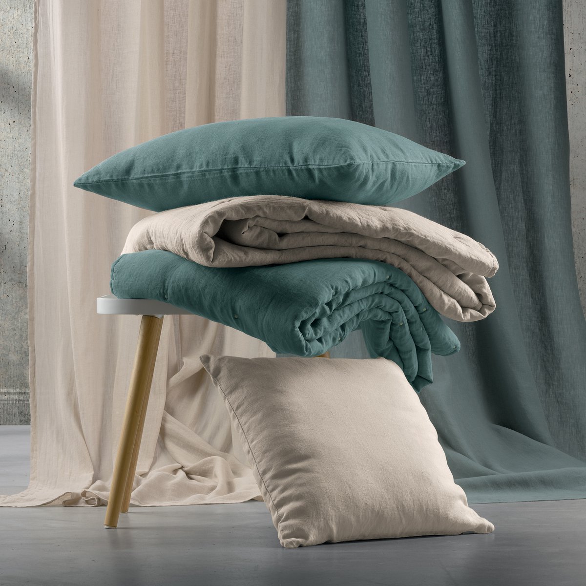 Zeff linen cushions and quilted bedspreads in two colours
