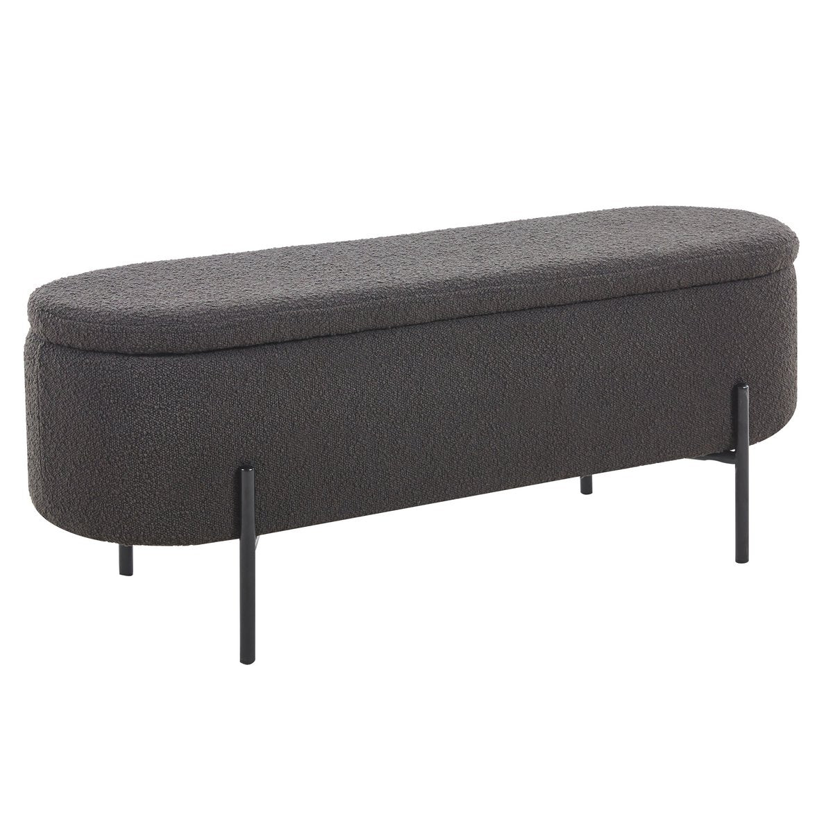 Banc de lit avec rangement en bouclé anthracite sur pieds en acier noirs, vue en biais avec couvercle fermé