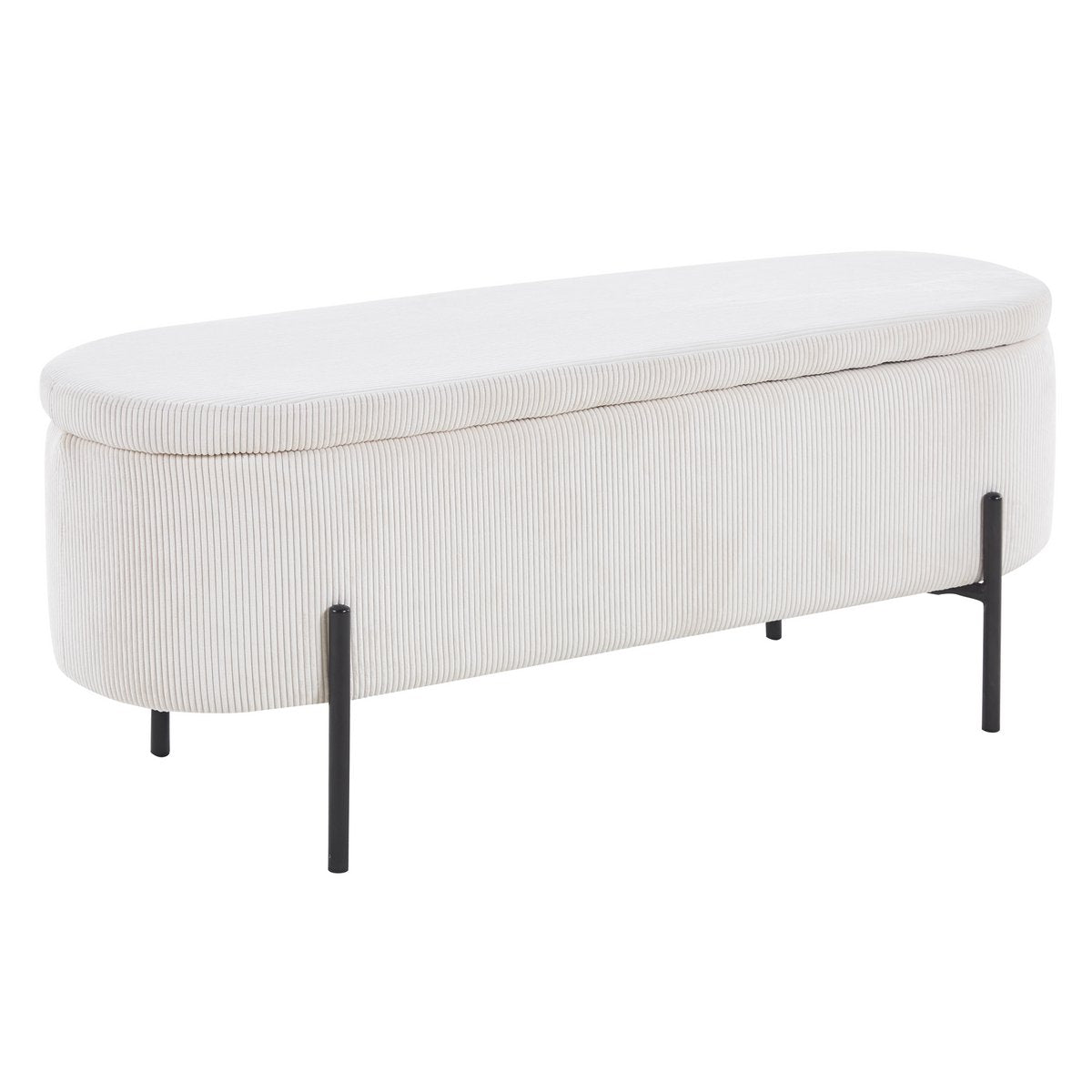 Banc de lit avec rangement en velours côtelé beige sur pieds en acier noirs, vue en biais avec couvercle fermé