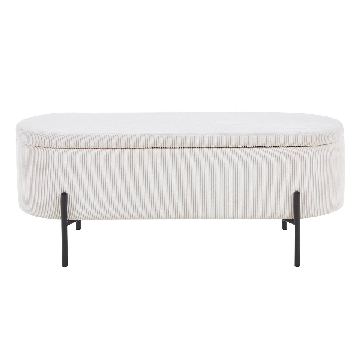 Banc de lit avec rangement en velours côtelé beige, vue de face avec couvercle fermé