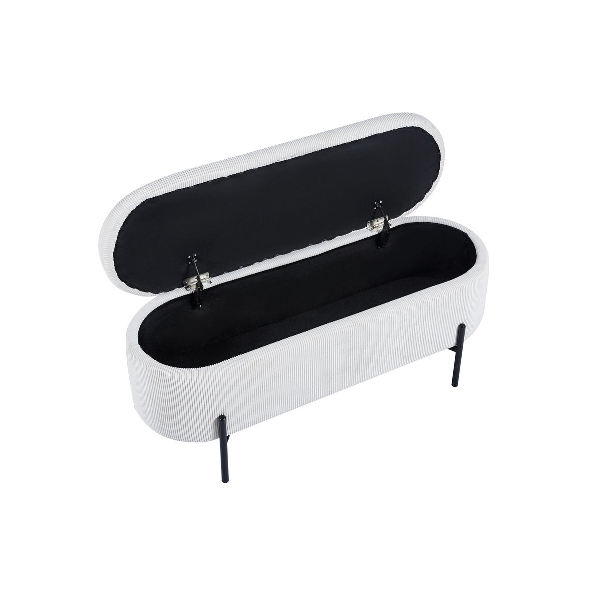 Banc de lit avec rangement en velours côtelé beige avec couvercle ouvert, vue en biais