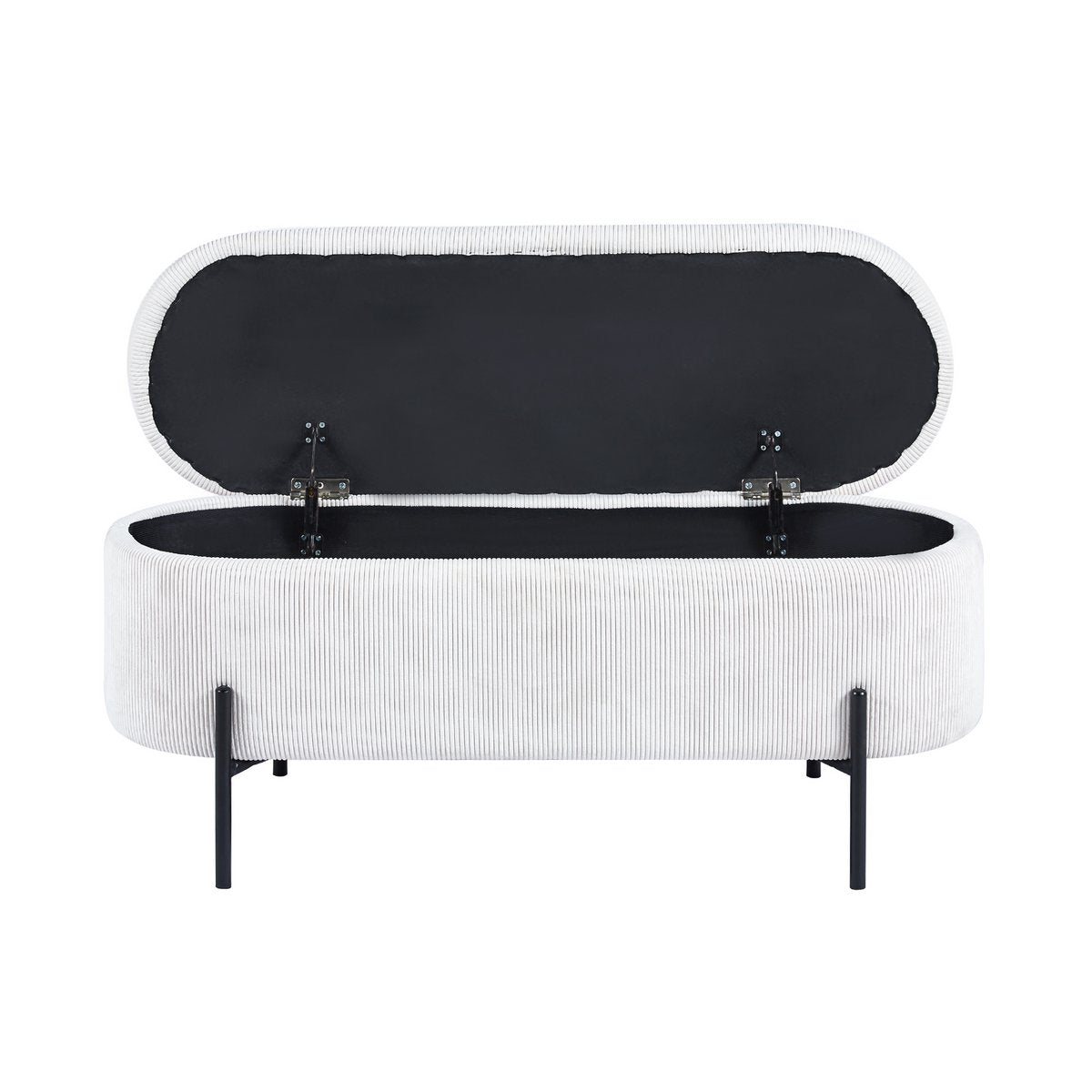 Banc de lit avec rangement en velours côtelé beige avec couvercle ouvert, montrant l'espace de rangement