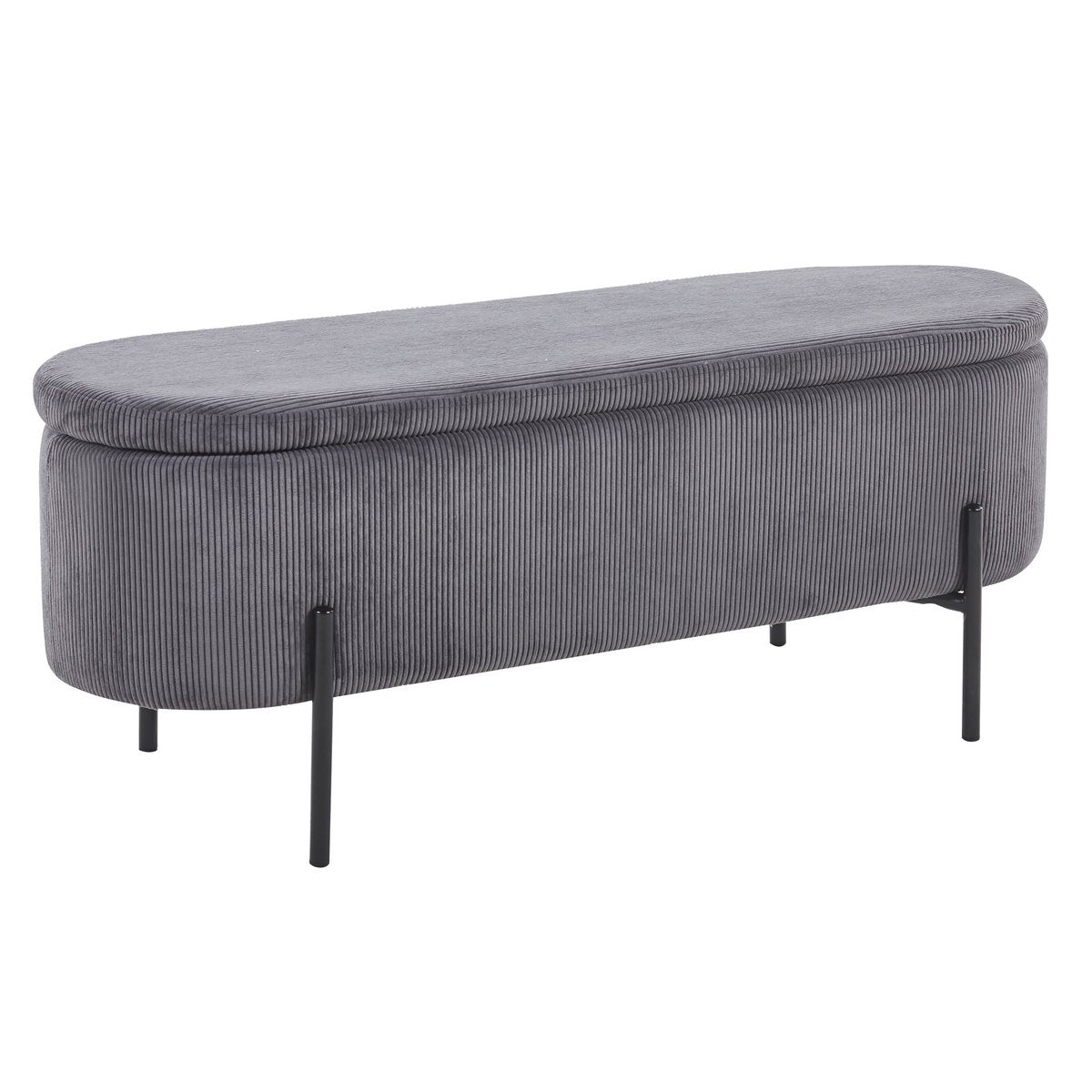 Banc de lit avec rangement en velours côtelé gris sur pieds en acier noirs, vue en biais avec couvercle fermé
