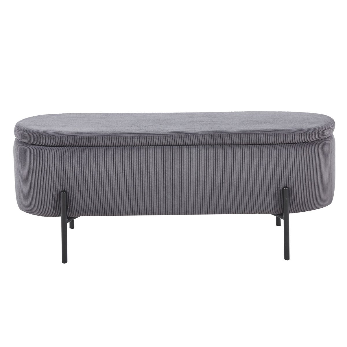 Banc de lit avec rangement en velours côtelé gris, vue de face avec couvercle fermé