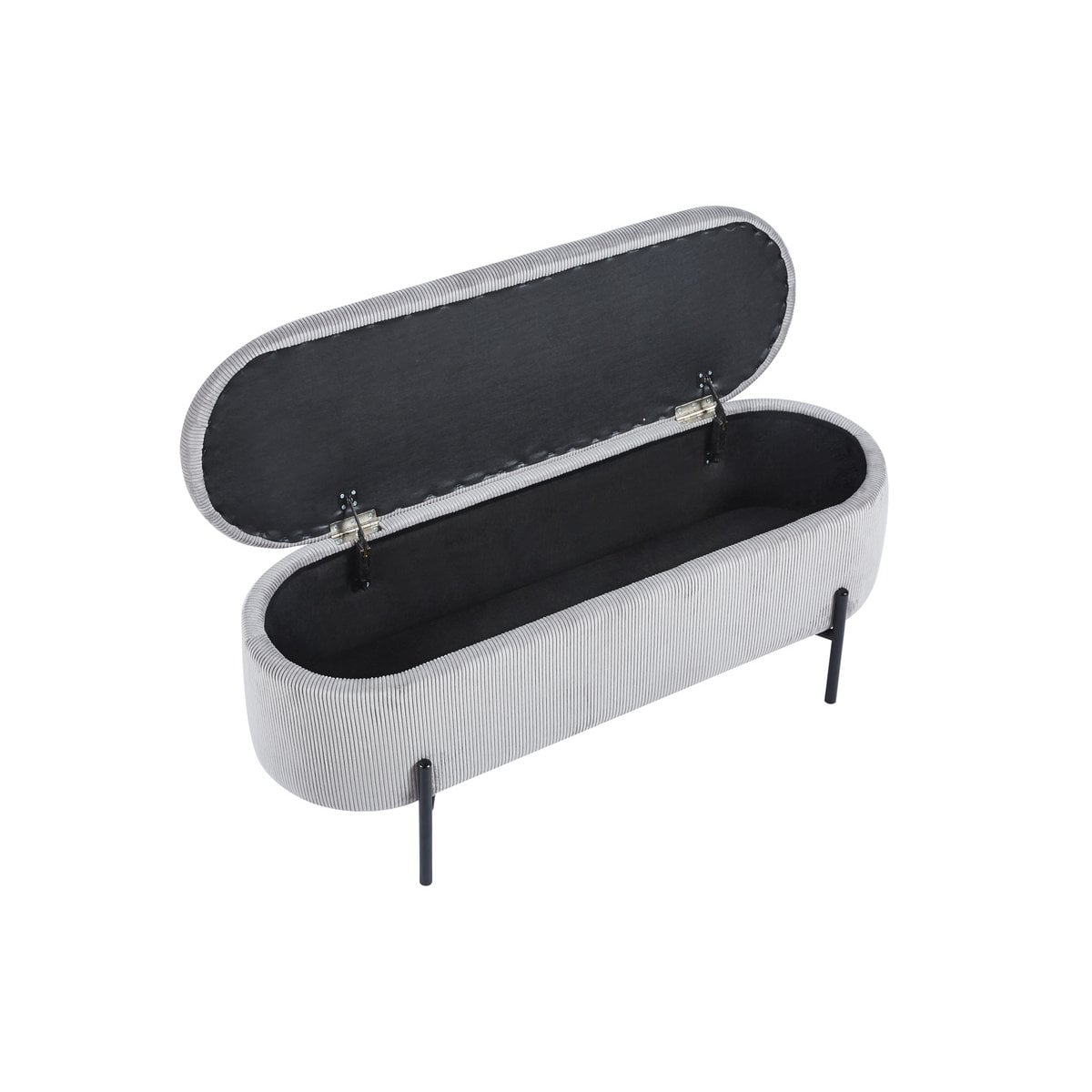Banc de lit avec rangement en velours côtelé gris clair avec couvercle ouvert, vue en biais