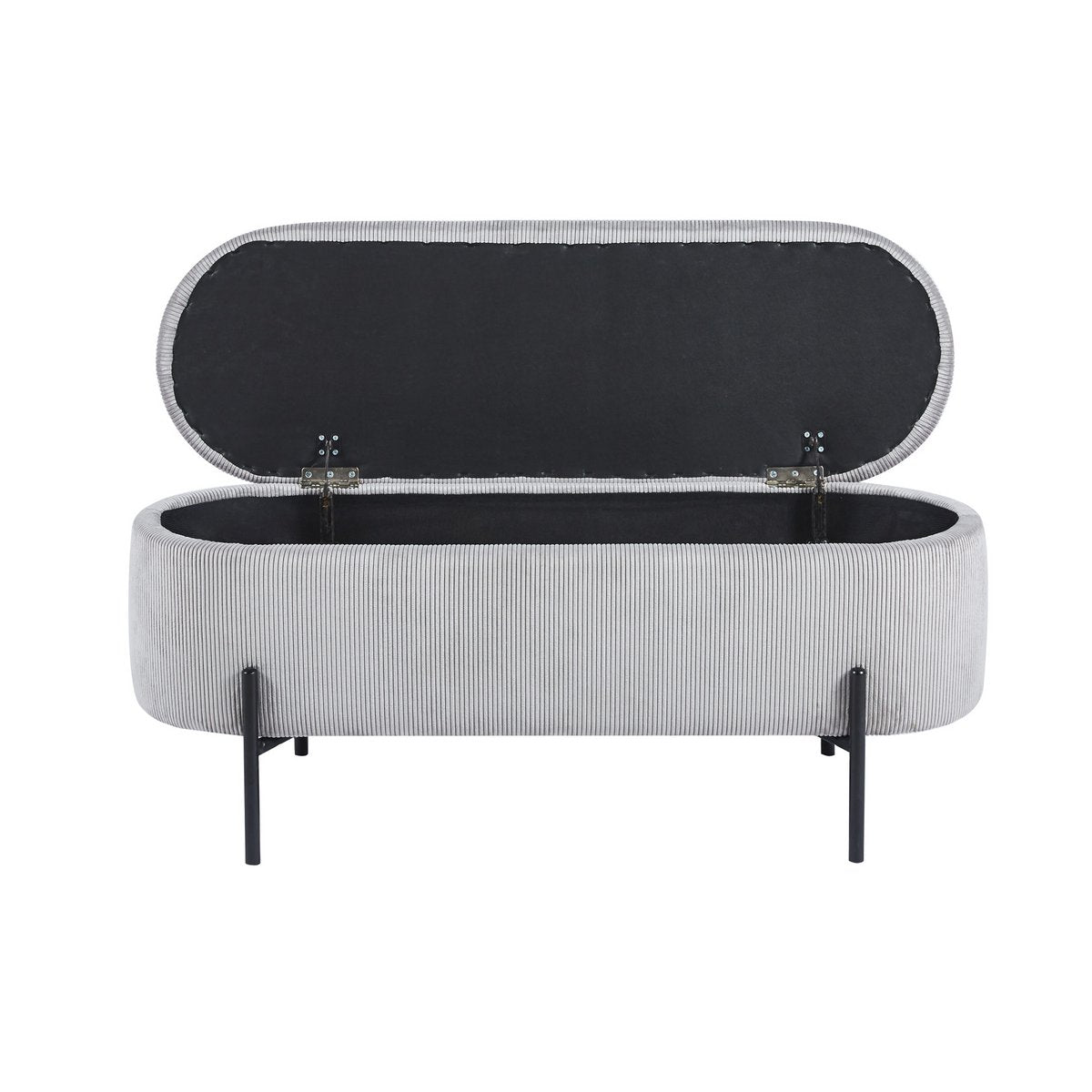 Banc de lit avec rangement en velours côtelé gris clair avec couvercle ouvert, montrant l'espace de rangement