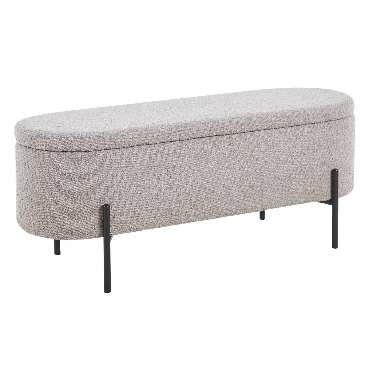 Banc de lit avec rangement en bouclé taupe sur pieds en acier noirs, vue en biais avec couvercle fermé