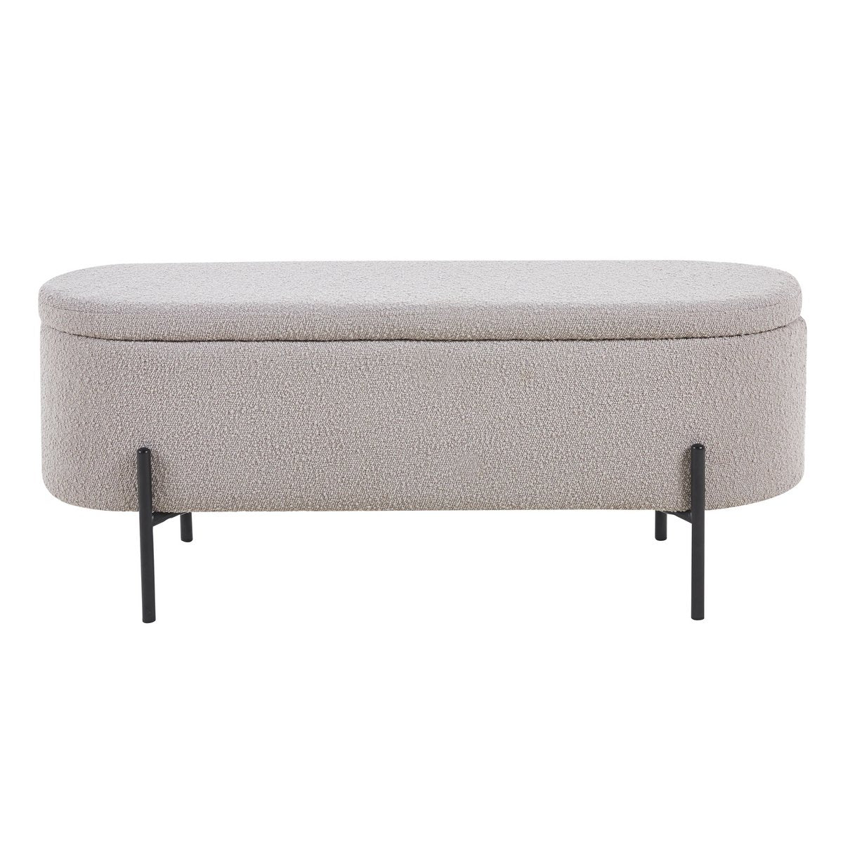 Banc de lit avec rangement en bouclé taupe, vue de face avec couvercle fermé