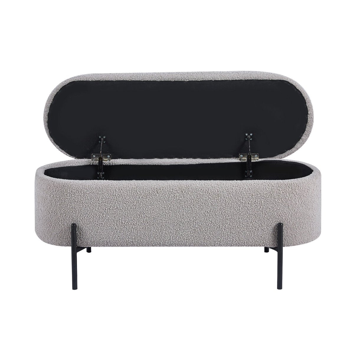 Banc de lit avec rangement en bouclé taupe avec couvercle ouvert, montrant l'espace de rangement