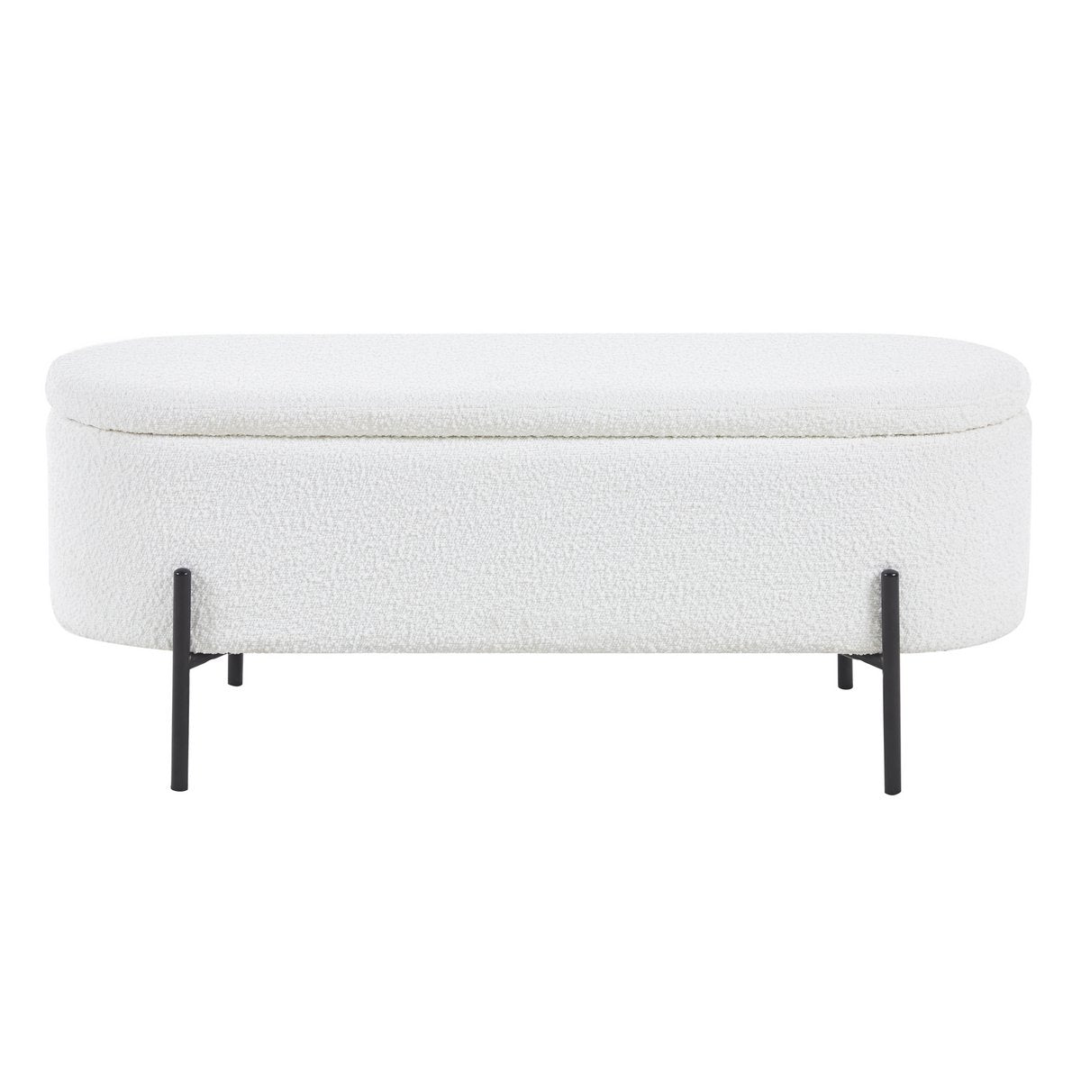Banc de lit avec rangement en bouclé blanc, vue de face avec couvercle fermé