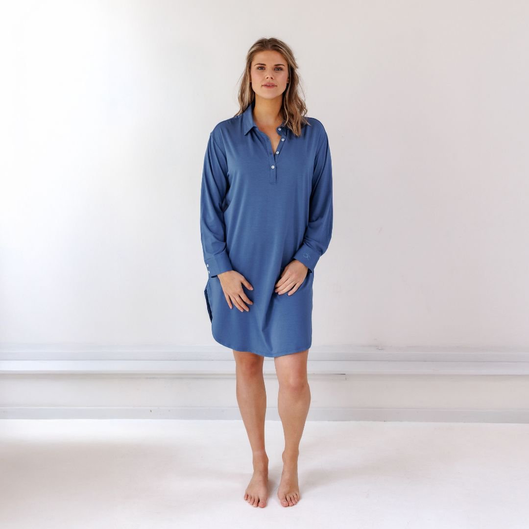 Woman standing in the Dark Blue boyfriend nightgown with a collar and long sleeves