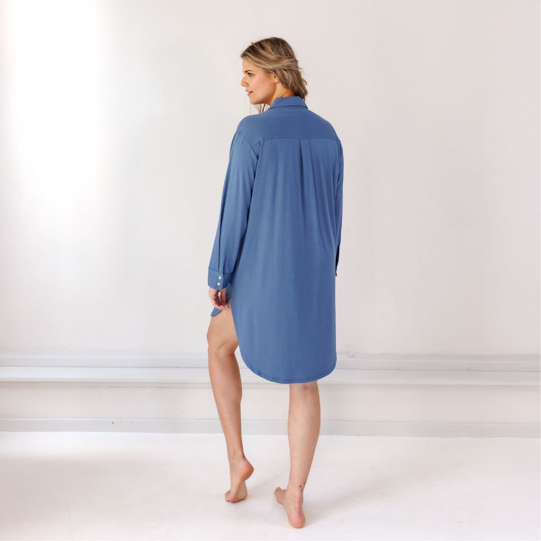 Back view of the Dark Blue nightgown with collar and curved hem