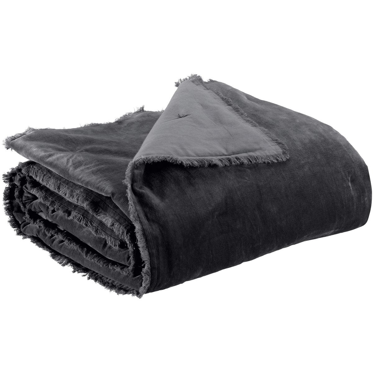 Fara-Plaid „Caviar“, in tiefem Anthrazit, mit Fransenrand, gefaltet, 135 × 200 cm