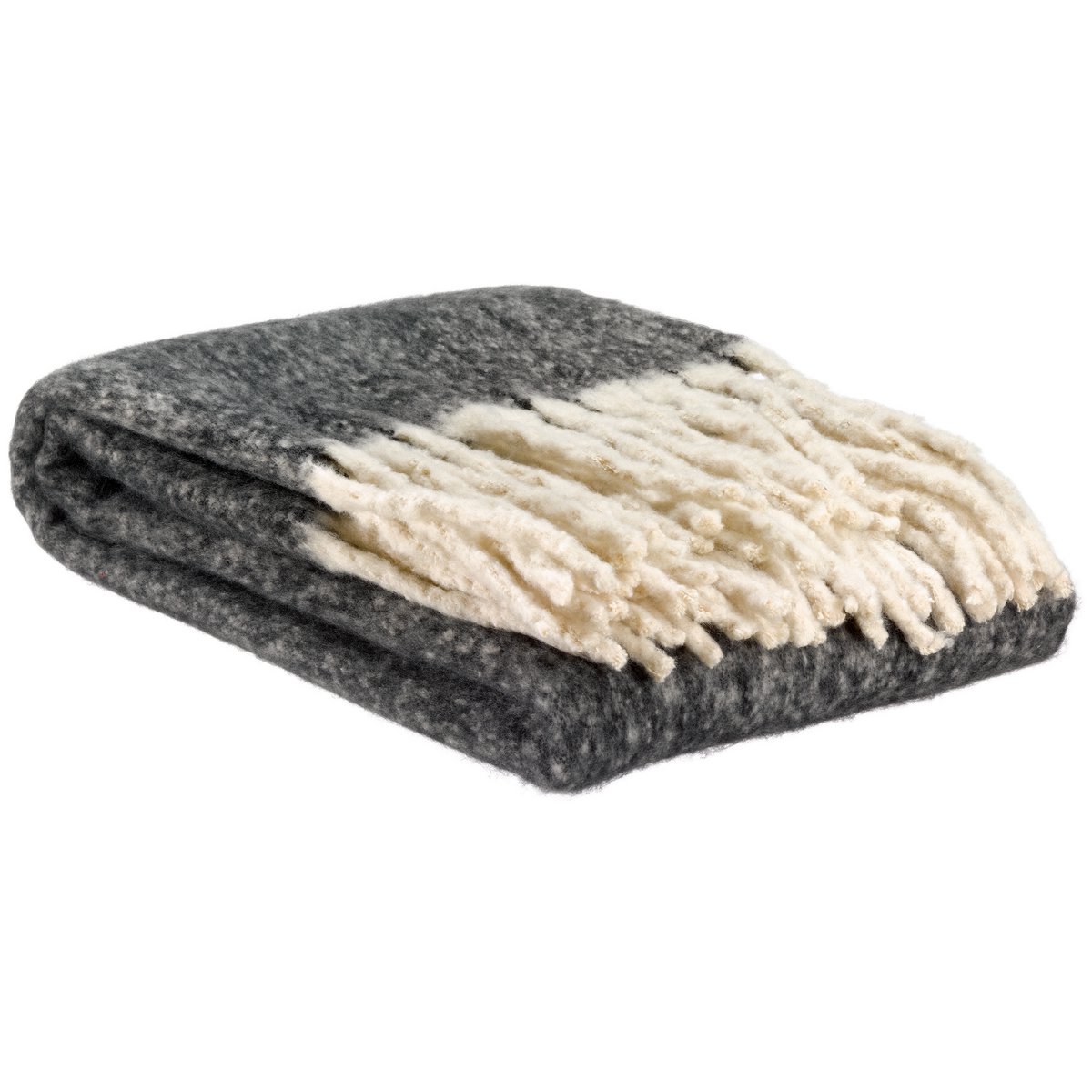 Isabel-Plaid in Anthrazit mit breiter Creme-Franse, gefaltet, 130 × 160 cm