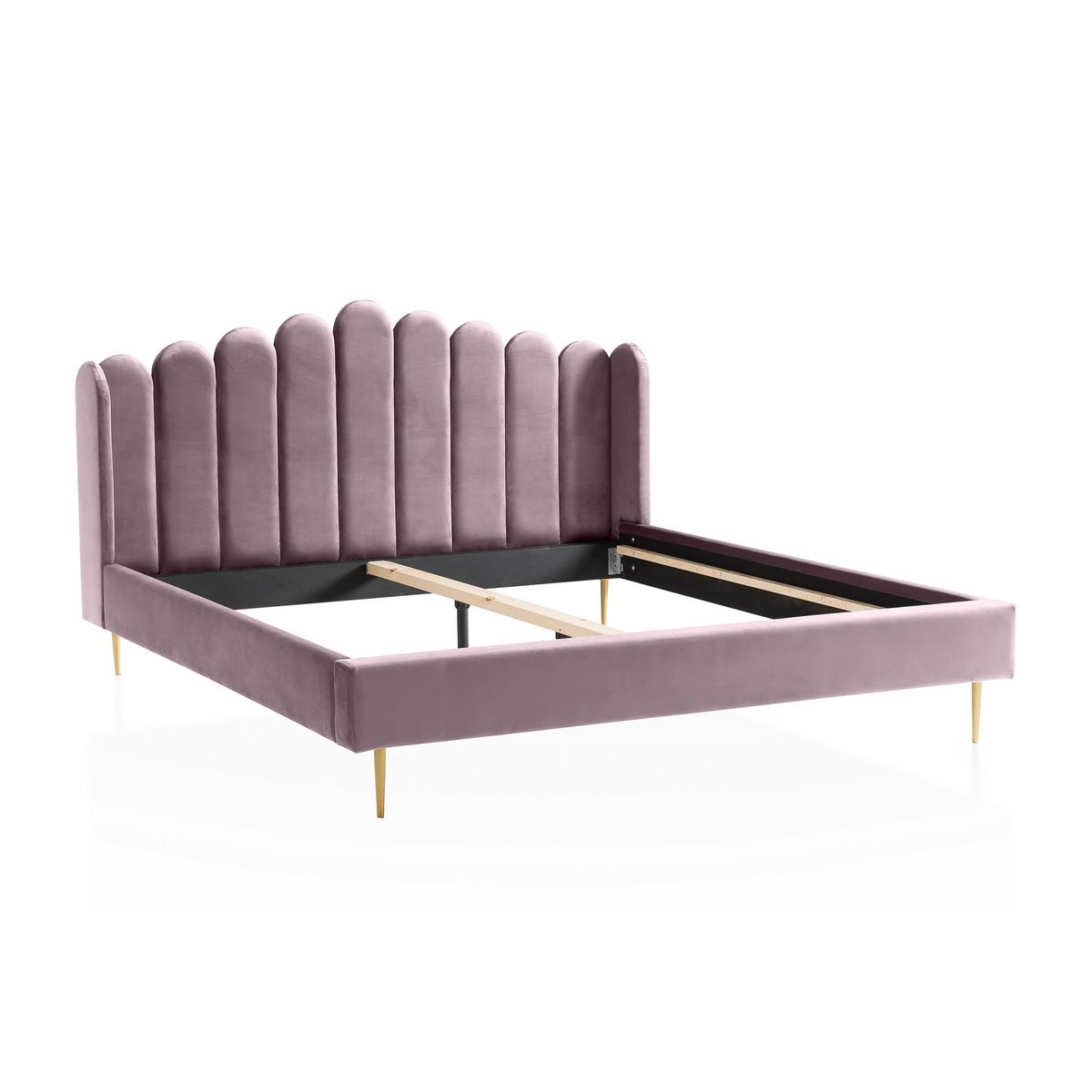 Lit coquille en velours violet, 180×200 cm, vue en biais du cadre avec tête de lit en forme de coquille et pieds peints en doré