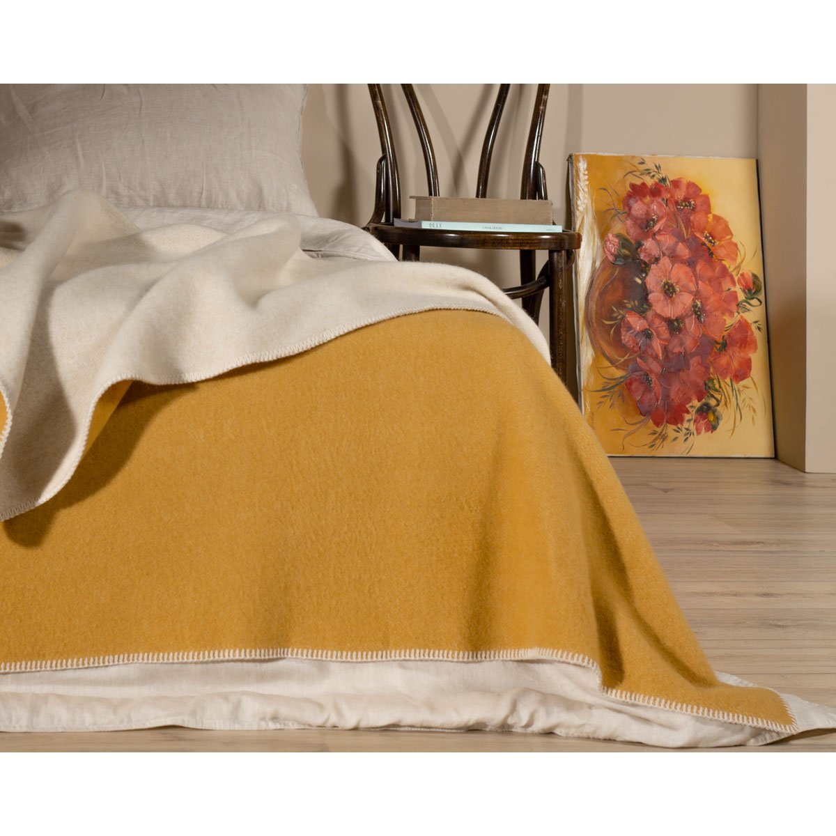 Close-up of the Misted Yellow throw's dense 450g/m² wool weave