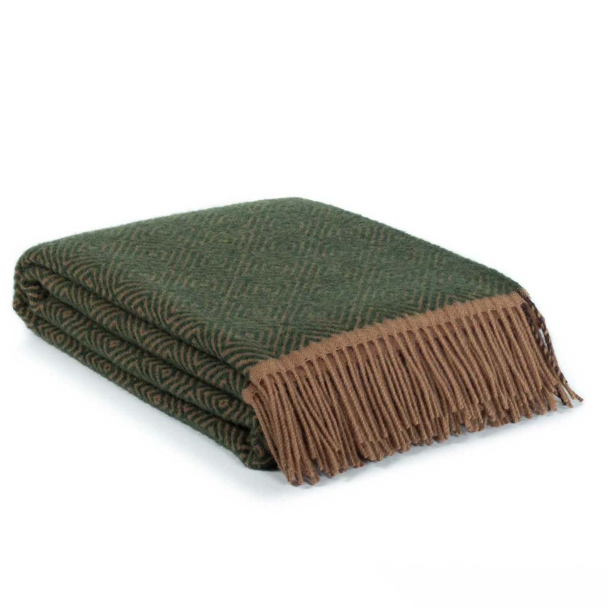 Folded Wool Throw Blanket Venezia showing leaf green diamond weave pattern and fringe edge